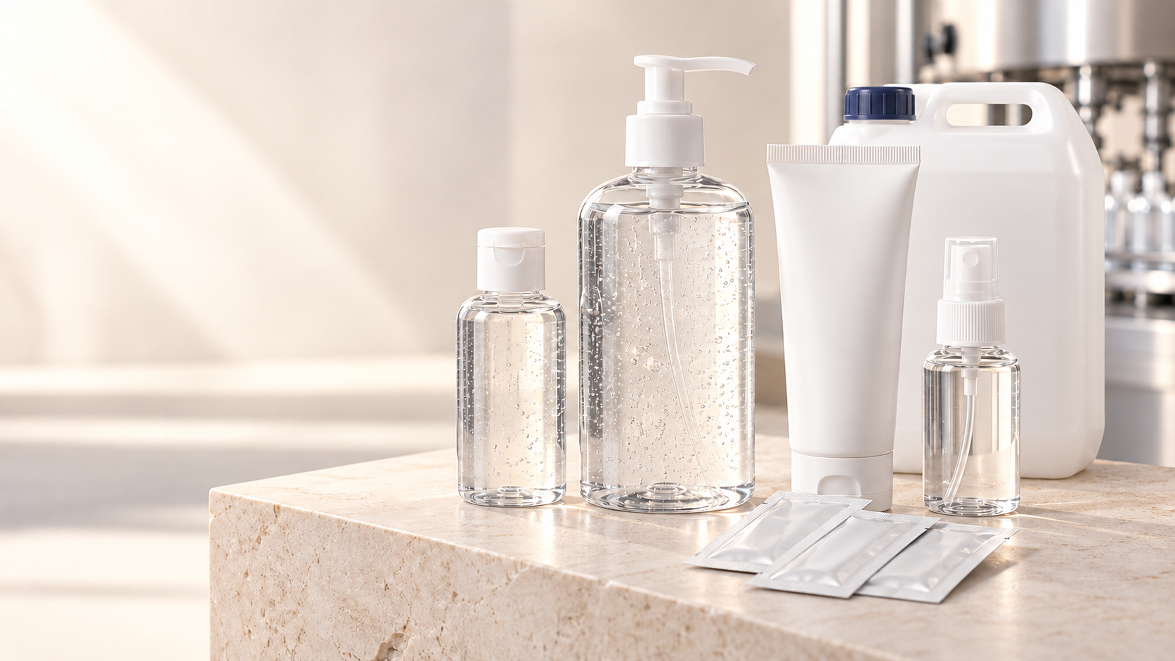 Unbranded PT1 human-hygiene disinfectant formats, including bottles, tube, sachets and a 5 L container.