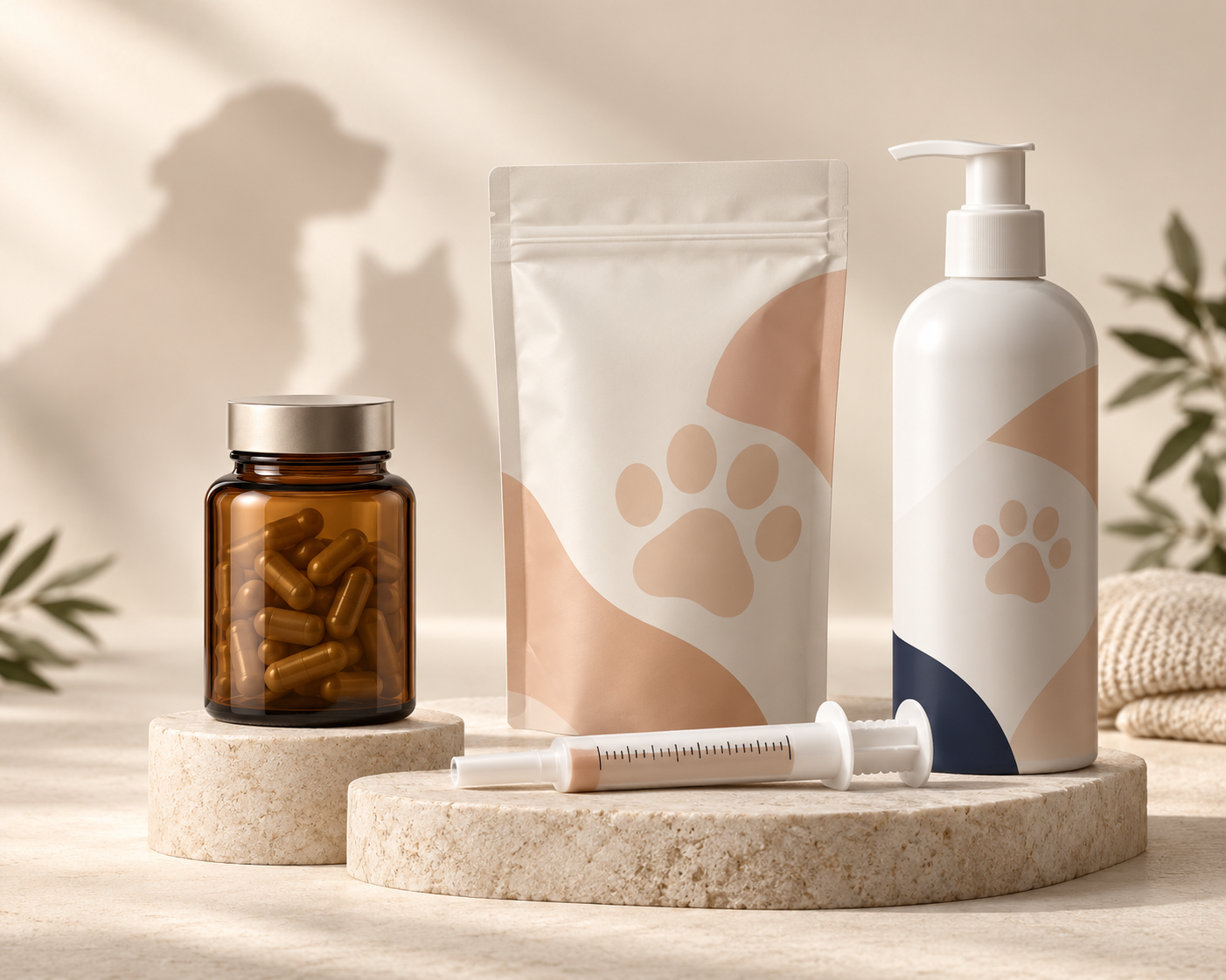 Unbranded pet supplement and grooming formats arranged in a premium studio setting.