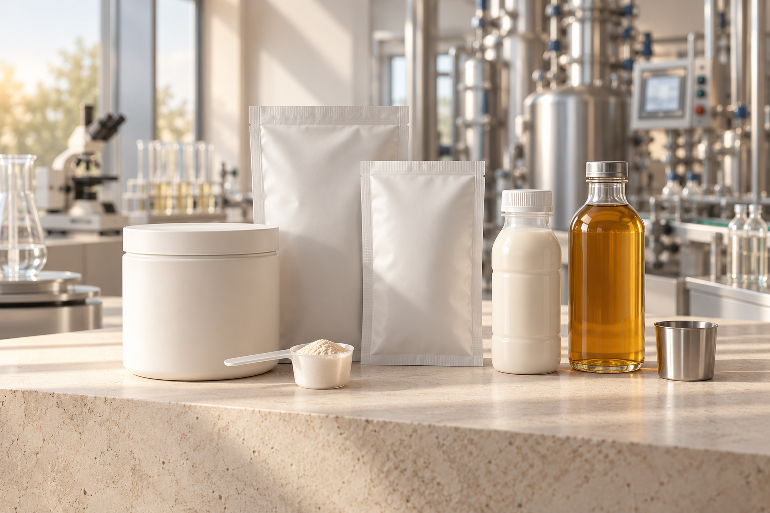 Unbranded powder and liquid clinical-nutrition formats in a controlled manufacturing and quality-laboratory setting